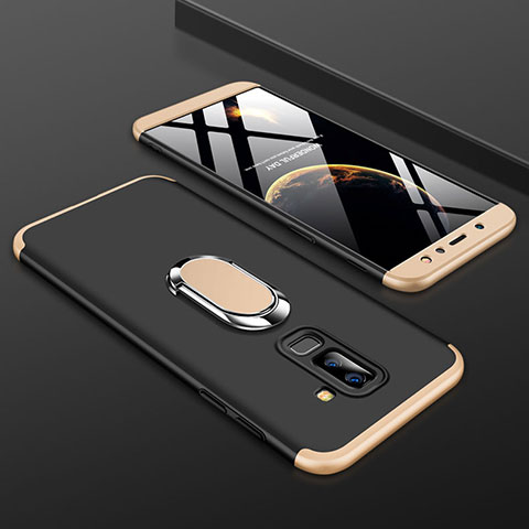 Handyhülle Hülle Kunststoff Schutzhülle Tasche Matt Vorder und Rückseite 360 Grad mit Fingerring Ständer für Samsung Galaxy A6 Plus (2018) Gold und Schwarz