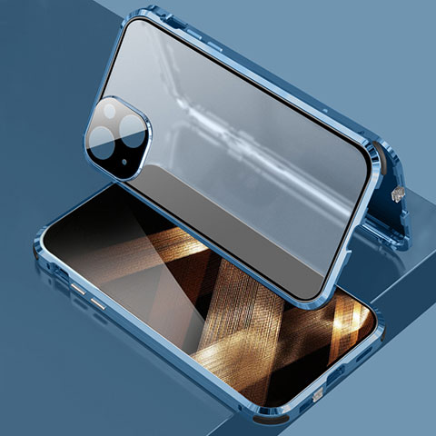 Handyhülle Hülle Luxus Aluminium Metall Rahmen Spiegel 360 Grad Ganzkörper Tasche für Apple iPhone 15 Blau