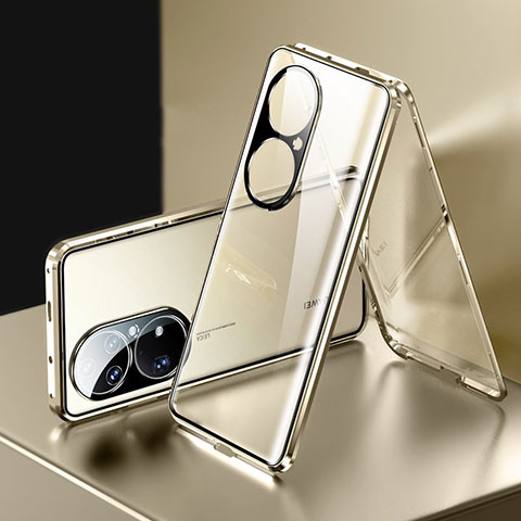 Handyhülle Hülle Luxus Aluminium Metall Rahmen Spiegel 360 Grad Ganzkörper Tasche für Huawei P50 Pro Gold