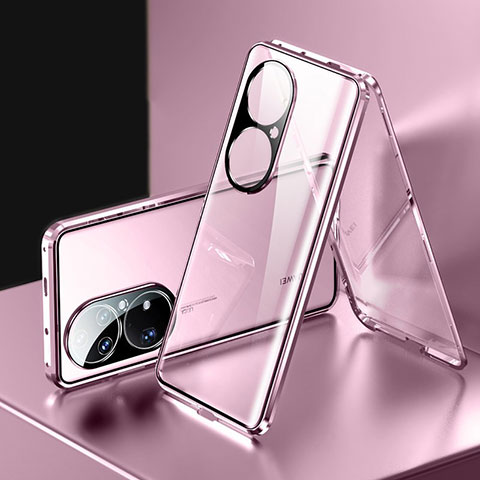 Handyhülle Hülle Luxus Aluminium Metall Rahmen Spiegel 360 Grad Ganzkörper Tasche für Huawei P50 Pro Rosegold