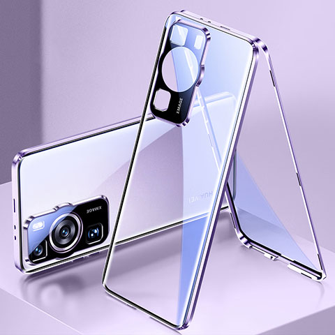 Handyhülle Hülle Luxus Aluminium Metall Rahmen Spiegel 360 Grad Ganzkörper Tasche für Huawei P60 Pro Violett