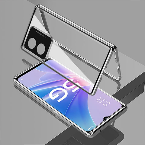 Handyhülle Hülle Luxus Aluminium Metall Rahmen Spiegel 360 Grad Ganzkörper Tasche für Oppo A1 Pro 5G Silber