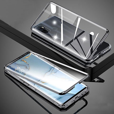 Handyhülle Hülle Luxus Aluminium Metall Rahmen Spiegel 360 Grad Ganzkörper Tasche für Oppo A32 Schwarz