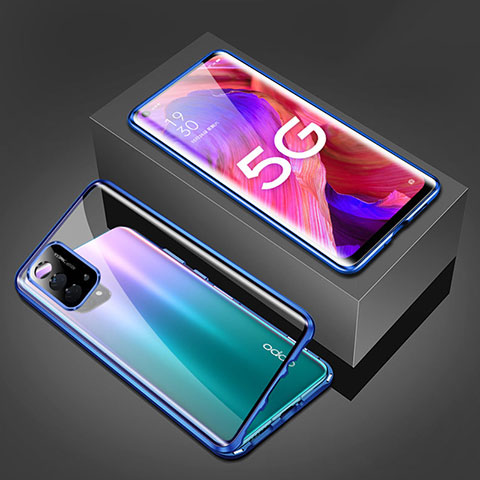 Handyhülle Hülle Luxus Aluminium Metall Rahmen Spiegel 360 Grad Ganzkörper Tasche für Oppo A74 5G Blau