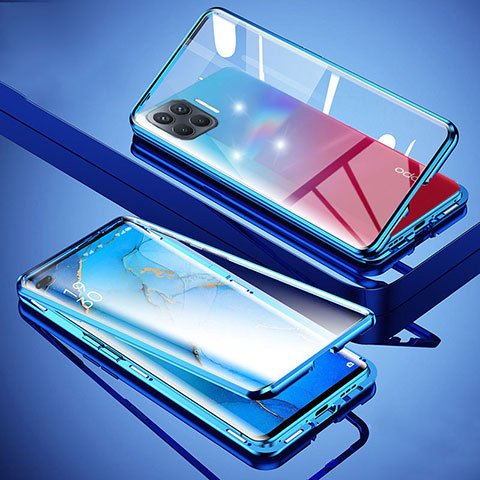 Handyhülle Hülle Luxus Aluminium Metall Rahmen Spiegel 360 Grad Ganzkörper Tasche für Oppo A93 Blau