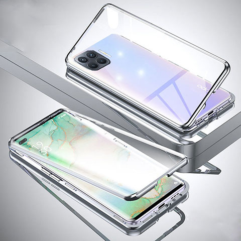 Handyhülle Hülle Luxus Aluminium Metall Rahmen Spiegel 360 Grad Ganzkörper Tasche für Oppo A93 Silber