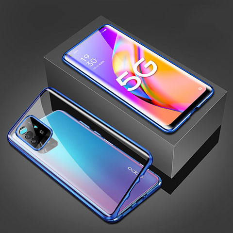 Handyhülle Hülle Luxus Aluminium Metall Rahmen Spiegel 360 Grad Ganzkörper Tasche für Oppo A95 5G Blau