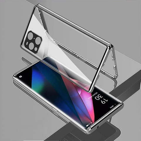 Handyhülle Hülle Luxus Aluminium Metall Rahmen Spiegel 360 Grad Ganzkörper Tasche für Oppo Find X3 Pro 5G Silber