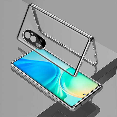 Handyhülle Hülle Luxus Aluminium Metall Rahmen Spiegel 360 Grad Ganzkörper Tasche für Oppo Reno10 Pro+ Plus 5G Silber