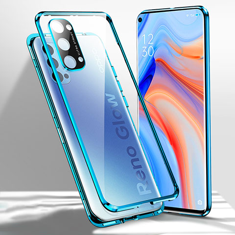 Handyhülle Hülle Luxus Aluminium Metall Rahmen Spiegel 360 Grad Ganzkörper Tasche für Oppo Reno4 5G Blau