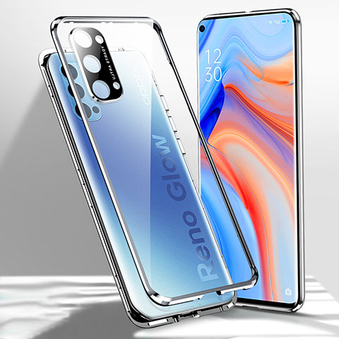 Handyhülle Hülle Luxus Aluminium Metall Rahmen Spiegel 360 Grad Ganzkörper Tasche für Oppo Reno4 5G Silber