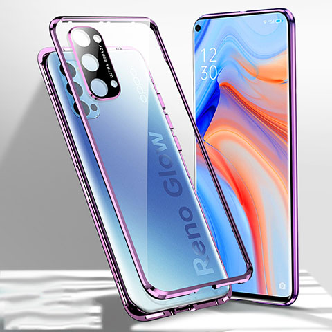 Handyhülle Hülle Luxus Aluminium Metall Rahmen Spiegel 360 Grad Ganzkörper Tasche für Oppo Reno4 5G Violett