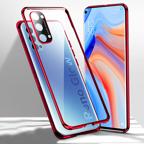 Handyhülle Hülle Luxus Aluminium Metall Rahmen Spiegel 360 Grad Ganzkörper Tasche für Oppo Reno4 Pro 5G Rot