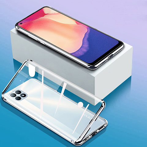 Handyhülle Hülle Luxus Aluminium Metall Rahmen Spiegel 360 Grad Ganzkörper Tasche für Oppo Reno4 SE 5G Silber