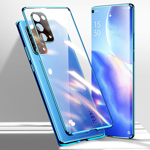 Handyhülle Hülle Luxus Aluminium Metall Rahmen Spiegel 360 Grad Ganzkörper Tasche für Oppo Reno5 Pro 5G Blau