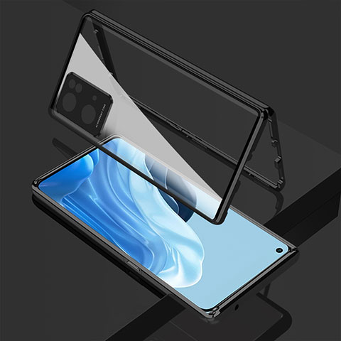 Handyhülle Hülle Luxus Aluminium Metall Rahmen Spiegel 360 Grad Ganzkörper Tasche für Oppo Reno7 Pro 5G Schwarz