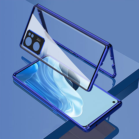 Handyhülle Hülle Luxus Aluminium Metall Rahmen Spiegel 360 Grad Ganzkörper Tasche für Oppo Reno7 SE 5G Blau