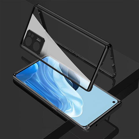 Handyhülle Hülle Luxus Aluminium Metall Rahmen Spiegel 360 Grad Ganzkörper Tasche für Oppo Reno7 SE 5G Schwarz