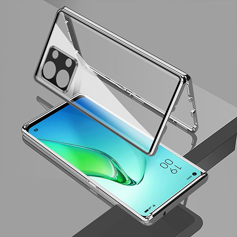 Handyhülle Hülle Luxus Aluminium Metall Rahmen Spiegel 360 Grad Ganzkörper Tasche für Oppo Reno8 5G Silber