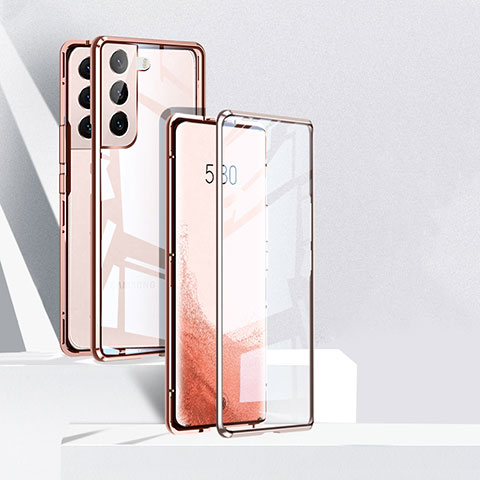 Handyhülle Hülle Luxus Aluminium Metall Rahmen Spiegel 360 Grad Ganzkörper Tasche für Samsung Galaxy S21 5G Rosegold