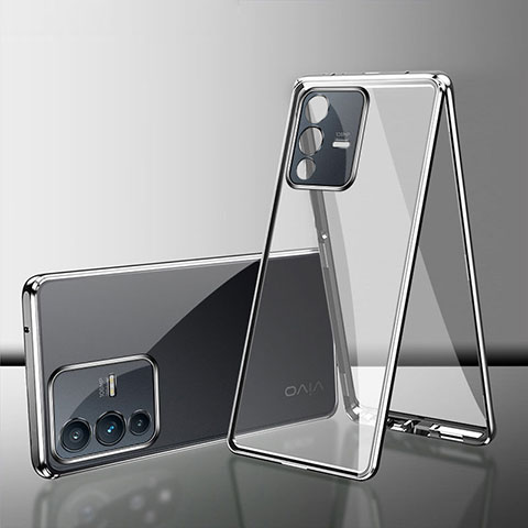 Handyhülle Hülle Luxus Aluminium Metall Rahmen Spiegel 360 Grad Ganzkörper Tasche für Vivo V23 Pro 5G Silber