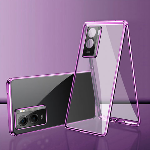 Handyhülle Hülle Luxus Aluminium Metall Rahmen Spiegel 360 Grad Ganzkörper Tasche für Vivo Y35 5G Violett