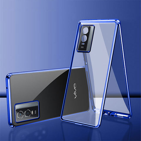 Handyhülle Hülle Luxus Aluminium Metall Rahmen Spiegel 360 Grad Ganzkörper Tasche für Vivo Y76s 5G Blau