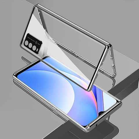 Handyhülle Hülle Luxus Aluminium Metall Rahmen Spiegel 360 Grad Ganzkörper Tasche für Xiaomi Redmi 9 Power Silber