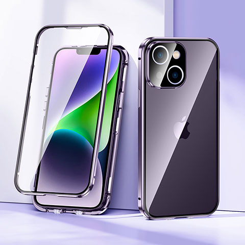 Handyhülle Hülle Luxus Aluminium Metall Rahmen Spiegel 360 Grad Ganzkörper Tasche LK1 für Apple iPhone 14 Plus Violett