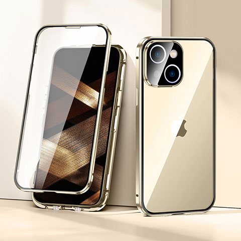 Handyhülle Hülle Luxus Aluminium Metall Rahmen Spiegel 360 Grad Ganzkörper Tasche LK1 für Apple iPhone 15 Plus Gold