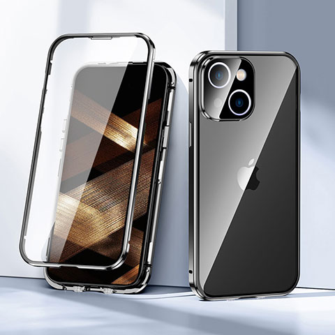 Handyhülle Hülle Luxus Aluminium Metall Rahmen Spiegel 360 Grad Ganzkörper Tasche LK1 für Apple iPhone 15 Plus Schwarz