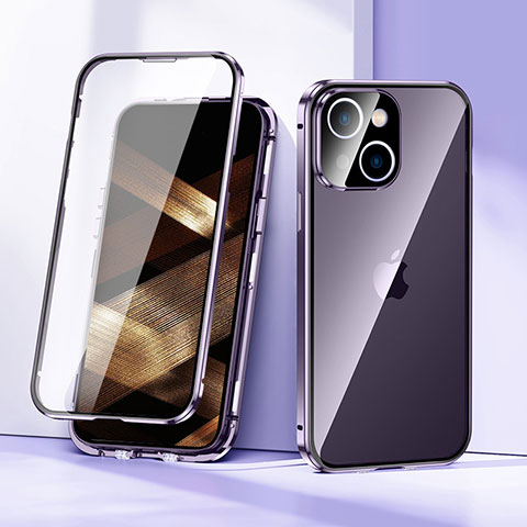 Handyhülle Hülle Luxus Aluminium Metall Rahmen Spiegel 360 Grad Ganzkörper Tasche LK1 für Apple iPhone 15 Plus Violett