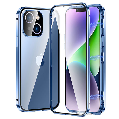 Handyhülle Hülle Luxus Aluminium Metall Rahmen Spiegel 360 Grad Ganzkörper Tasche LK2 für Apple iPhone 14 Blau