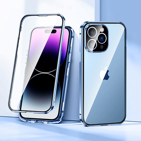 Handyhülle Hülle Luxus Aluminium Metall Rahmen Spiegel 360 Grad Ganzkörper Tasche LK2 für Apple iPhone 14 Pro Blau