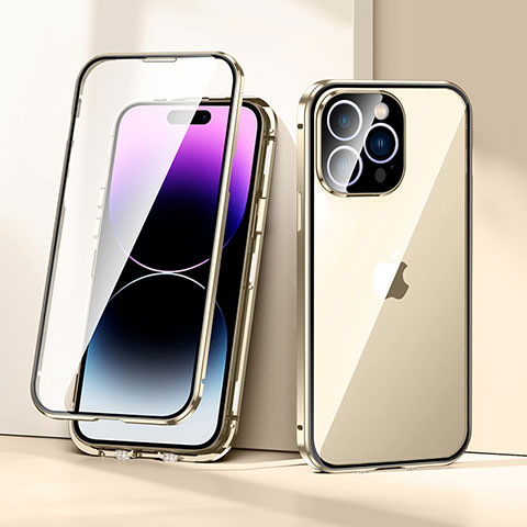 Handyhülle Hülle Luxus Aluminium Metall Rahmen Spiegel 360 Grad Ganzkörper Tasche LK2 für Apple iPhone 14 Pro Gold