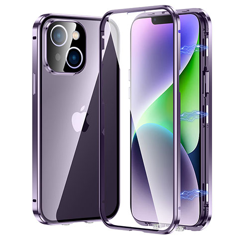 Handyhülle Hülle Luxus Aluminium Metall Rahmen Spiegel 360 Grad Ganzkörper Tasche LK2 für Apple iPhone 14 Violett