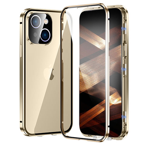 Handyhülle Hülle Luxus Aluminium Metall Rahmen Spiegel 360 Grad Ganzkörper Tasche LK2 für Apple iPhone 15 Gold