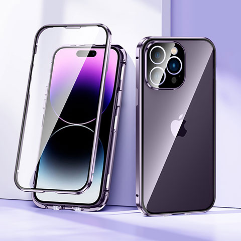 Handyhülle Hülle Luxus Aluminium Metall Rahmen Spiegel 360 Grad Ganzkörper Tasche LK2 für Apple iPhone 15 Pro Max Violett