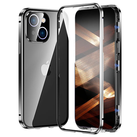 Handyhülle Hülle Luxus Aluminium Metall Rahmen Spiegel 360 Grad Ganzkörper Tasche LK2 für Apple iPhone 15 Schwarz