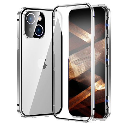 Handyhülle Hülle Luxus Aluminium Metall Rahmen Spiegel 360 Grad Ganzkörper Tasche LK2 für Apple iPhone 15 Silber