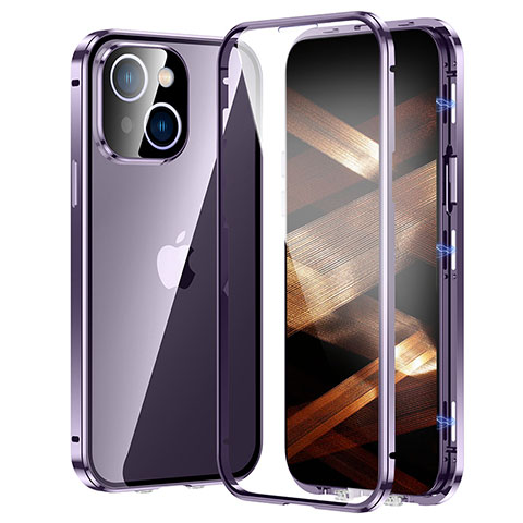 Handyhülle Hülle Luxus Aluminium Metall Rahmen Spiegel 360 Grad Ganzkörper Tasche LK2 für Apple iPhone 15 Violett