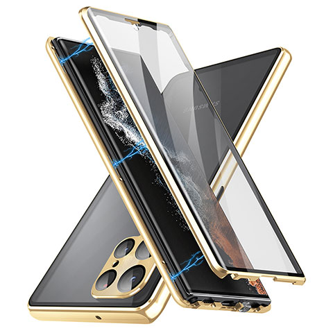 Handyhülle Hülle Luxus Aluminium Metall Rahmen Spiegel 360 Grad Ganzkörper Tasche LK2 für Samsung Galaxy S24 Ultra 5G Gold