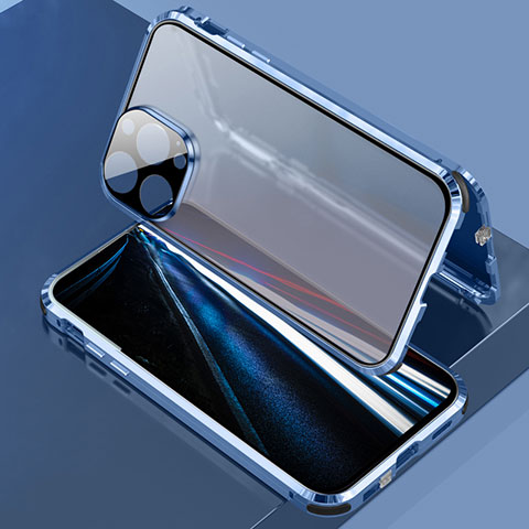 Handyhülle Hülle Luxus Aluminium Metall Rahmen Spiegel 360 Grad Ganzkörper Tasche LK3 für Apple iPhone 13 Pro Blau