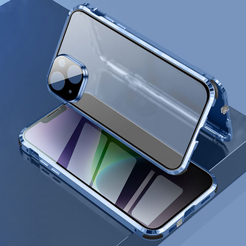 Handyhülle Hülle Luxus Aluminium Metall Rahmen Spiegel 360 Grad Ganzkörper Tasche LK3 für Apple iPhone 14 Blau