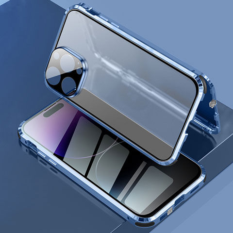 Handyhülle Hülle Luxus Aluminium Metall Rahmen Spiegel 360 Grad Ganzkörper Tasche LK3 für Apple iPhone 14 Pro Blau