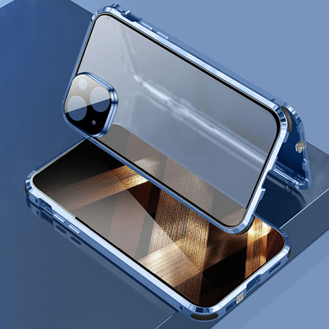 Handyhülle Hülle Luxus Aluminium Metall Rahmen Spiegel 360 Grad Ganzkörper Tasche LK3 für Apple iPhone 15 Blau