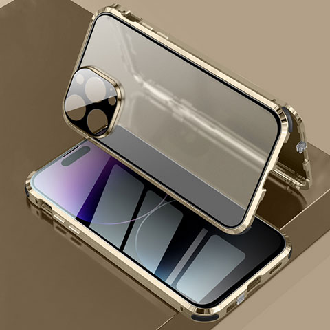 Handyhülle Hülle Luxus Aluminium Metall Rahmen Spiegel 360 Grad Ganzkörper Tasche LK3 für Apple iPhone 15 Pro Max Gold