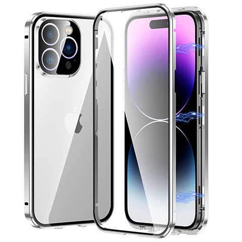 Handyhülle Hülle Luxus Aluminium Metall Rahmen Spiegel 360 Grad Ganzkörper Tasche LO1 für Apple iPhone 14 Pro Max Silber