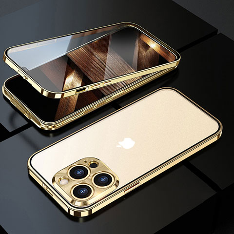 Handyhülle Hülle Luxus Aluminium Metall Rahmen Spiegel 360 Grad Ganzkörper Tasche M01 für Apple iPhone 16 Pro Gold