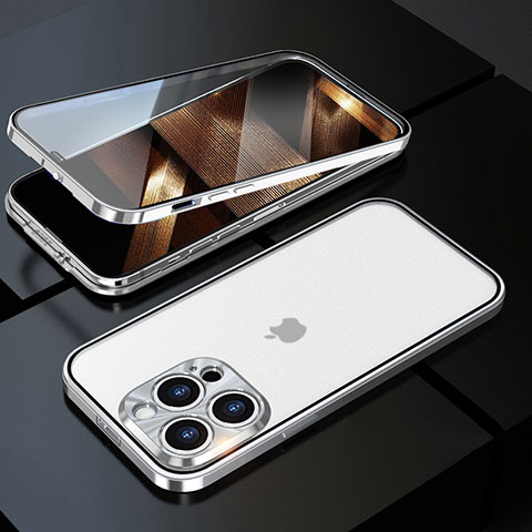 Handyhülle Hülle Luxus Aluminium Metall Rahmen Spiegel 360 Grad Ganzkörper Tasche M01 für Apple iPhone 16 Pro Max Silber